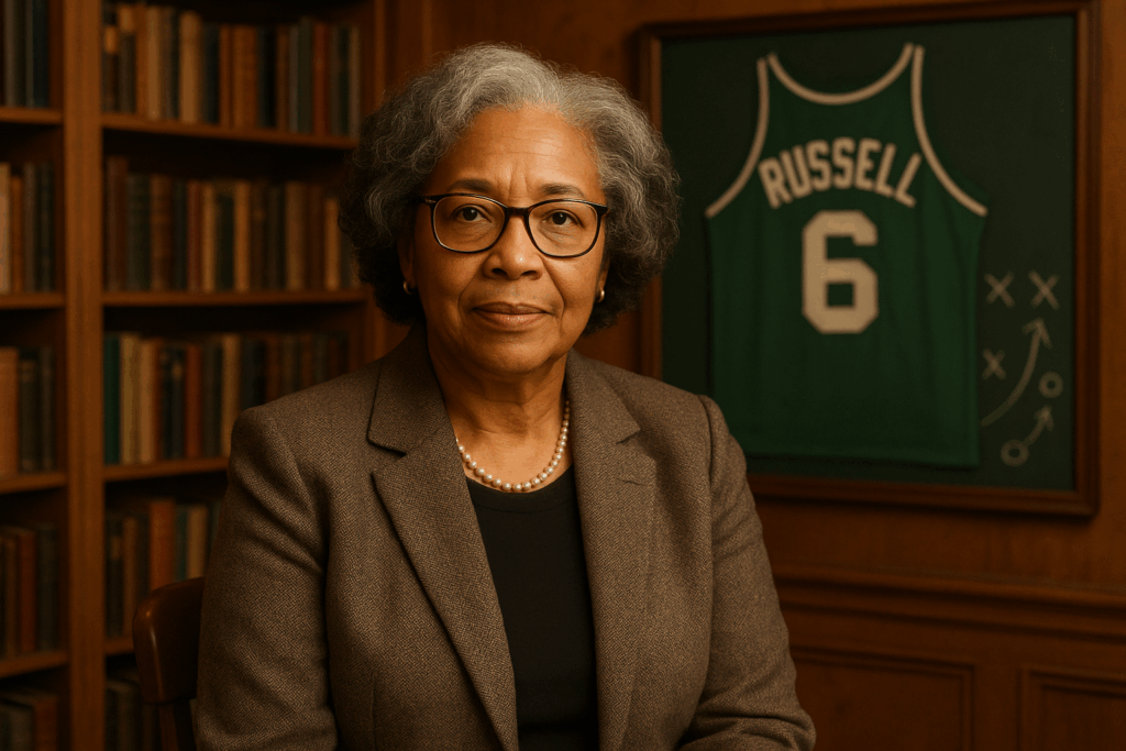 image of Dr. Wallace - Basketball Historian, in her office with a bookcase and a Bill Russell jersey in the background